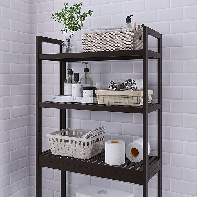 SMIBUY Bathroom Storage Shelf, Bamboo Over-The-Toilet Organizer Rack, Freestanding Toilet Space Saver with 3-Tier Adjustable Shelves (Dark Brown)