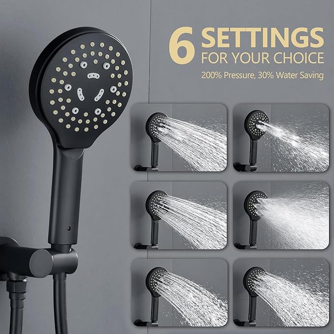 Matte Black Shower Faucet Set, Wall Mount Rain Shower System 10 Inches Shower Head and Shower Handheld, Included Pressure Balance Valve and Trim Kit