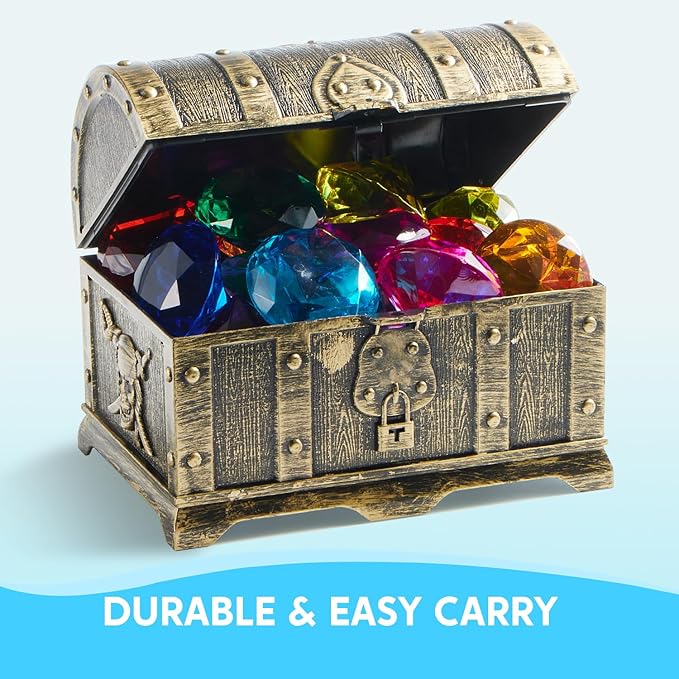Sloosh Diving Gems Pool Toys, 16 Big Colorful Diamond with Pirate Treasure Chest,Swim Dive Toy for Kids Underwater Gemstone Swimming Training Gift Water Pool Games(Gold)