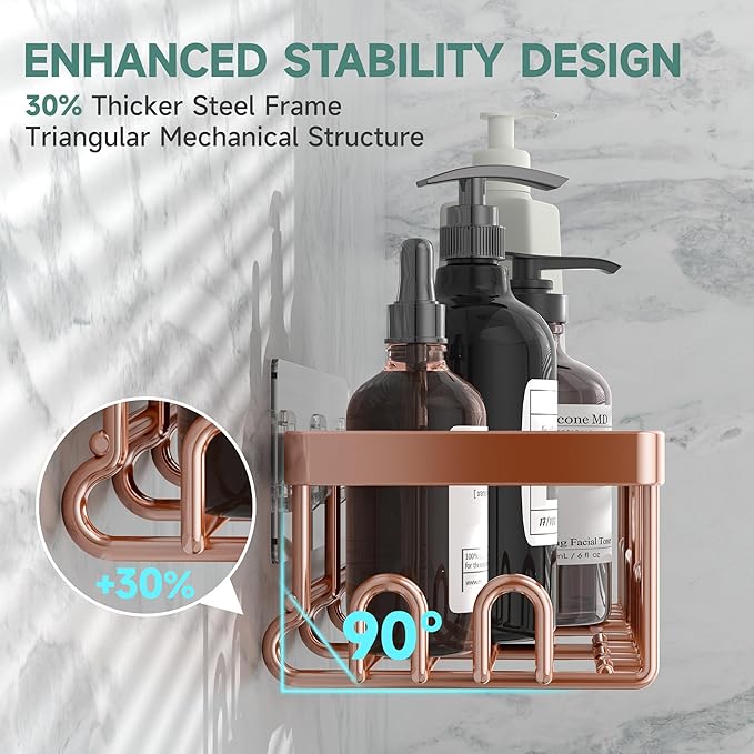 Veken Shower Caddy 6-Pack, No Drilling & Rustproof, Waterproof Adhesive Shelves Rack with Soap Holder, Large Capacity Bathroom Organizers and Storage, Wall-Mounted Kitchen & Home Decor, Rose Gold