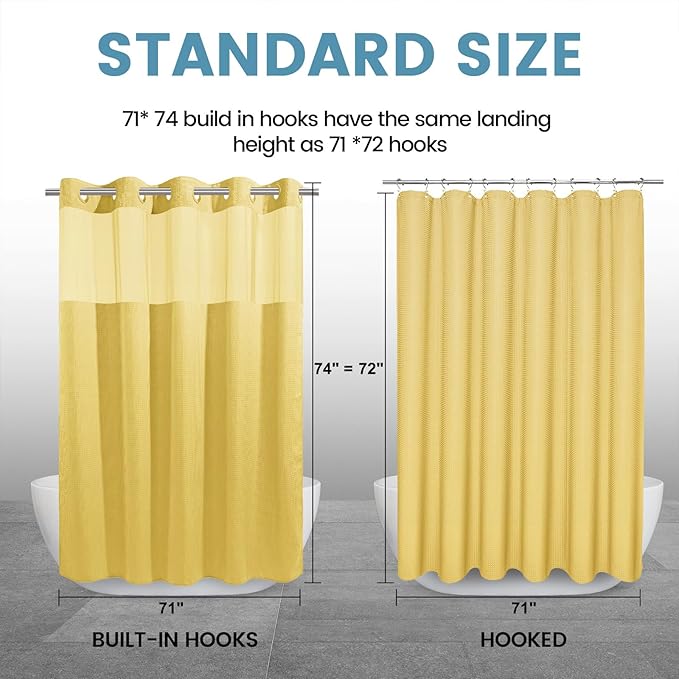 Yellow No Hook Shower Curtain with Snap in Liner,230GSM Waffle Weave Shower Curtains for Bathroom,71W x 74H