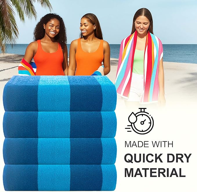 CASA COPENHAGEN Malibu Beach Towels Designed in Denmark Rough and Tough, Quick Dry, for Pool, Bath & Shower 30x60 inches 4 Pieces Cotton Beach Bath Towels Set - Blue