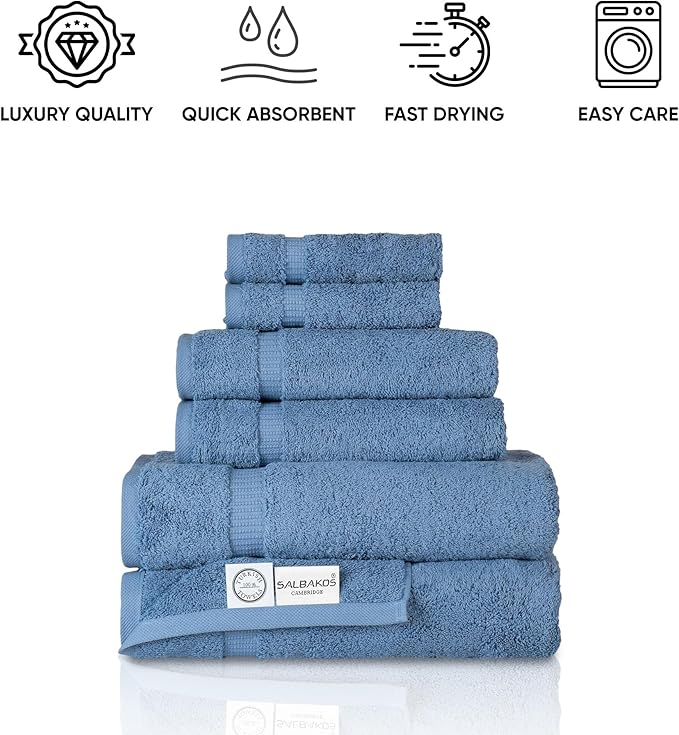 SALBAKOS 100% Turkish Cotton 6-Piece Towel Set | Heirloom Quality Hotel & Spa Collection | Ultra Soft, Super Absorbent 2 Washcloth, 2 Hand, 2 Bath Towel Sets | Made in Turkey (Blue, 6 Piece Towel Set)