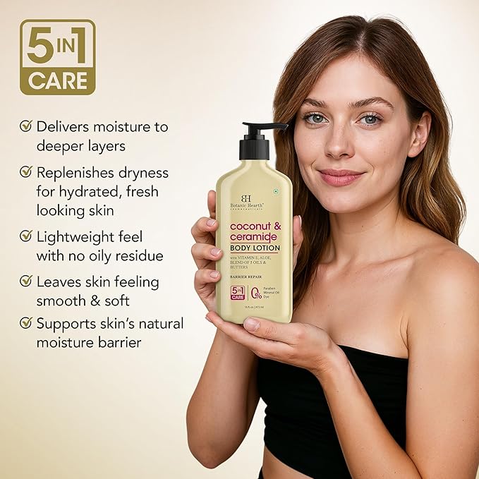 Botanic Hearth Coconut & Ceramide Body Lotion | Barrier Repair with 5 Oil Blend & Butters, Deep Hydration, Paraben Free, 5-in-1 Care, 16 fl oz / 473 ml