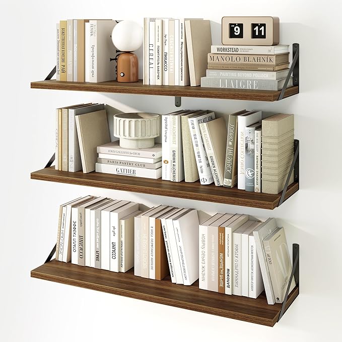 Fun Memories Floating Shelves, 32 x 8 Inches, Set of 3 Wall-Mounted Bookshelves with Metal Brackets, Decorative Storage for Home and Office (Walnut)