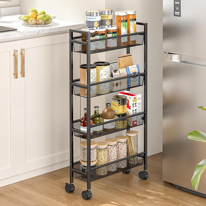 Slim Storage Rolling Cart, 4 Tier Narrow Cart with Wheels, Metal Kitchen Carts for Small Spaces, Slide Out Storage Shelves Mobile Shelving Unit for Kitchen, Laundry Room, Bathroom, Living Room, 6in(W)