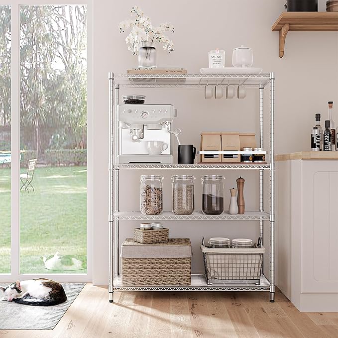 IZEUK 4-Tier Adjustable Heavy Duty Metal Wire Shelving Unit, Wide Storage Rack Organizer for Garage, Kitchen, Office, Dorm, Warehouse (Silver, 15.8" D x 45.8" W x 59.4" H, 1400 lbs Capacity)