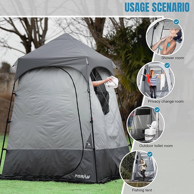 Camping Shower Tent Deluxe Changing Room Easy Set Up Privacy Shelter,Large Toilet Tent with Floor Drain Design for Beach, Camping,Hiking with Stakes and Ropes for Stability