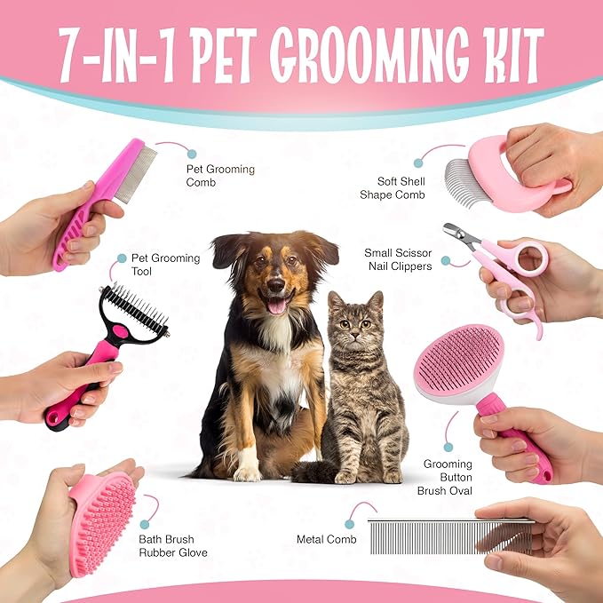 7-in-1 Pet Grooming Kit for Dogs & Cats Deshedding Brush, Bath Brush, Flea Comb, Nail Clipper & Massage Glove Complete Grooming Set for Small & Large Pets