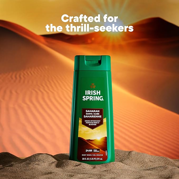 Irish Spring Saharan Dawn Moisturizing Body Wash for Men, 24 Hour Fresh, Face and Body Wash, Paraben Free, Cedar and Vetiver Scent, 20 fl oz Bottle (Pack of 4)