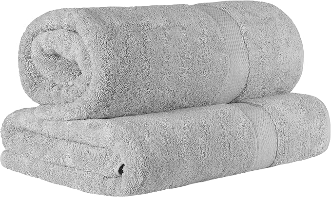 Superior Egyptian Cotton Pile Bath Sheet Set of 2, Ultra Soft Luxury Towels, Thick Plush Essentials, Absorbent Heavyweight, Guest Bath, Hotel, Spa, Home Bathroom, Shower Basics, Silver