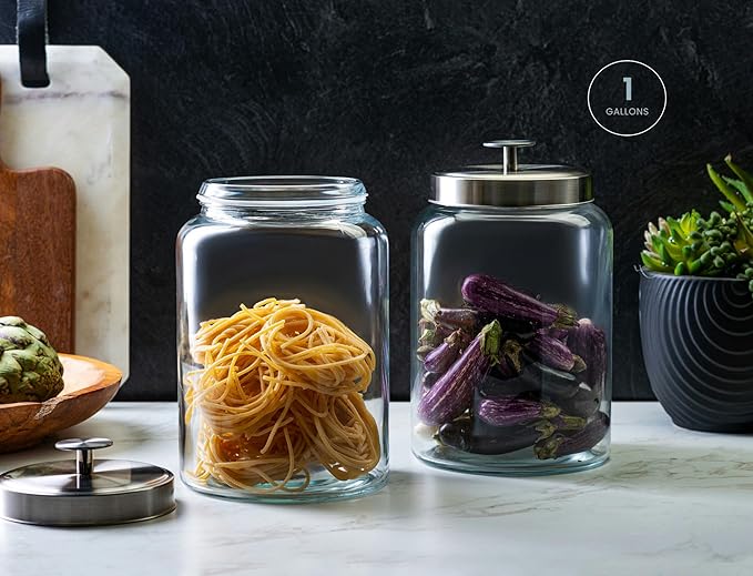KooK Glass Storage Containers with Lids, 1 Gallon, Set of 2, Glass Canister, Laundry Jar, Kitchen Jar, Storage for Pantry, (3.7, Circular, Silver)