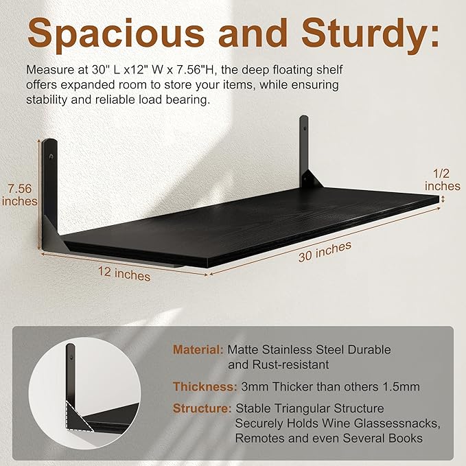 30" W x 12" D Black Floating Shelves for Wall, Deep Wall Shelves with Visible Bracket for Books, Plant, Large Deep Bathroom Shelf for Storage & Display, Set of 2