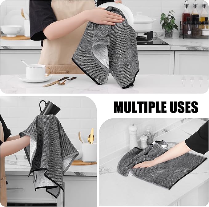 Homaxy Premium Kitchen Towels(18”x 28”, 8 Pack), Large Cotton Kitchen Hand Towels, Flat and Terry Dish Towels, 380 GSM Highly Absorbent Tea Towel Set with Hanging Loop, Black