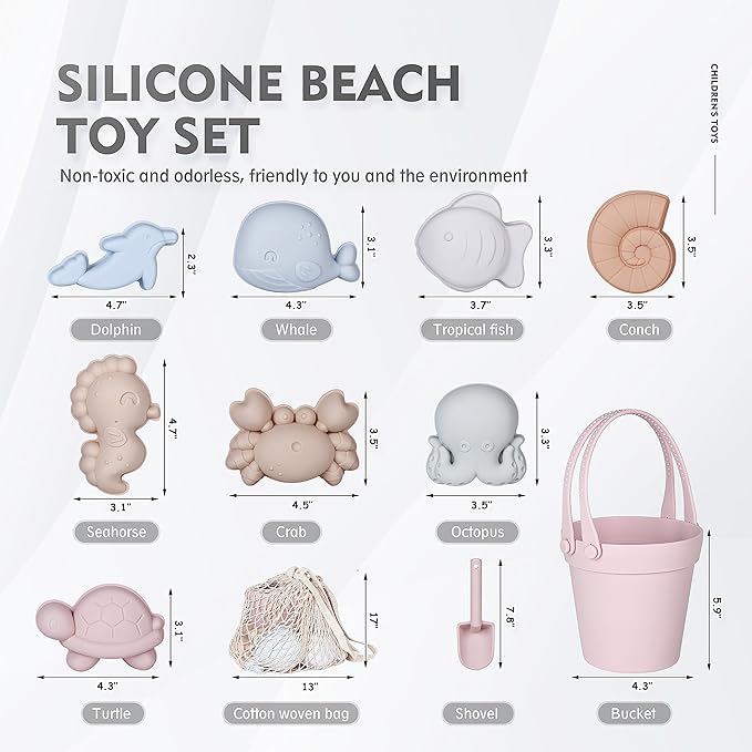 MarcZero 11Pcs Silicone Beach Toys,Modern Baby Beach Toys,Travel Friendly Beach Set,Silicone Bucket, Shovel, 8 Sand Molds, Beach Bag,Silicone Sand Toys for Toddlers, Kids (Pink)