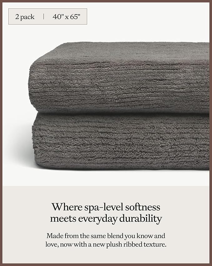 Cozy Earth Ribbed Bath Sheet Set - 60% Cotton 40% Viscose from Bamboo Bath Sheets - Soft & Absorbent Textured Ribbed Pattern - 2 Pack Charcoal