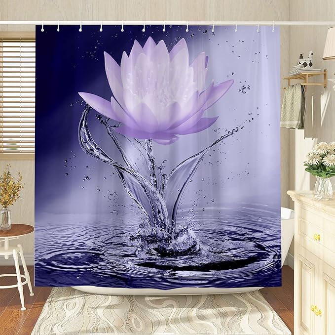 Lotus Shower Curtain Black White Violet Flower Elegant Blooming Floral with Dew Spring Flower Reflection on Water Modern Romantic Polyester Fabric Bathroom Decor 70×90 Inch with Hook