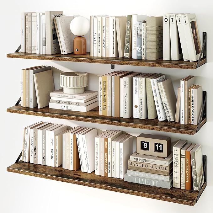 Fun Memories Long Wall Shelves for Bedroom, Set of 3 Large 40-Inch Floating Bookshelves, Rustic Wood Display Shelf for Home and Office (Rustic Brown)