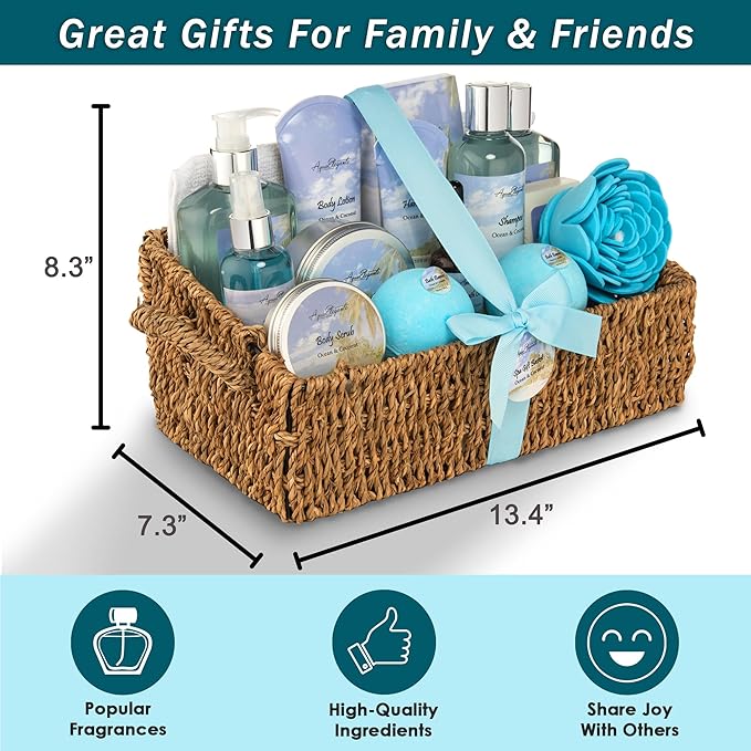 Bath Spa Gift Sets - Luxury Basket With Ocean & Coconut - Spa Kit Includes Wash, Bubble Bath, Lotion, Bath Salts, Body Scrub, Body Spray, Shower Puff, Bathbombs, Soap in Wooden Basket