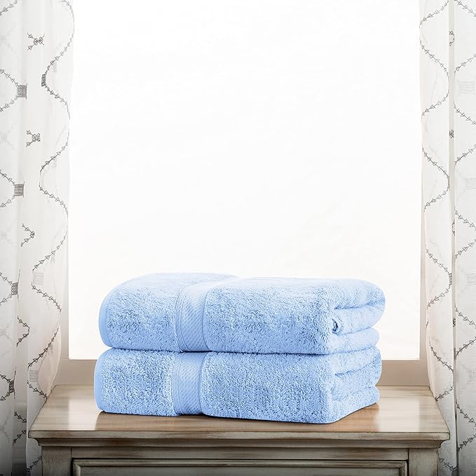 BLUENILEMILLS BNM Egyptian Cotton 2-Piece Towel Set, Includes 2 Bath Towels, Attached Loop for Easy Hanging and Storage, Hotel Quality, Perfect for Bathroom, Gym, Shower Space, or Spa, Light Blue