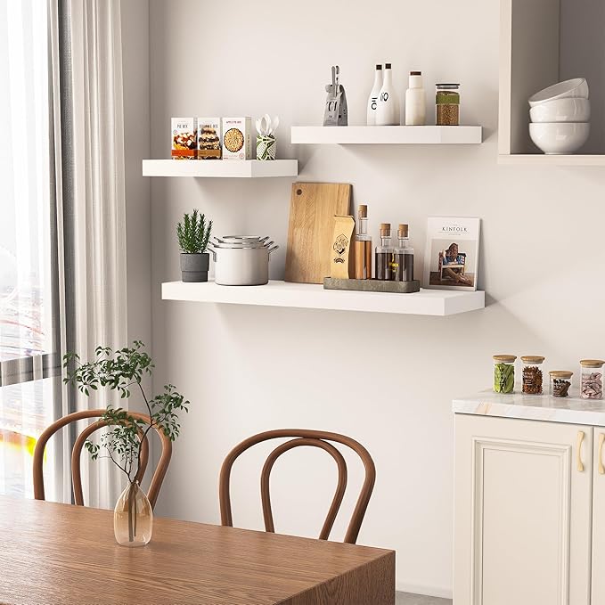 Vivelove Wooden Floating Shelves for Wall 48” x 8”x 1.4”, Solid Wood Shelf with Invisible Brackets, Deep Wall Shelves for Bathroom, LivingRoom, Kitchen, Bedroom, Modern Home Decor, Set of 1 - White