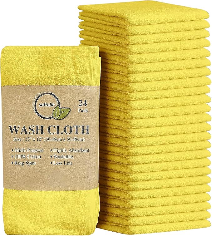 Softolle 100% Cotton Washcloths 24 Pack (12x12 Inches) Soft, Highly Absorbent Washcloth, Face Towels, Wash Cloths for Face, Ring Spun, Bulk Pack (Yellow)