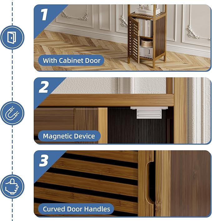 HITNET Bathroom Cabinet, Bamboo Floor Cabinet Free Standing, 4 Tier Sofa Side Storage Cupboard for Living Room Kitchen Bedroom, Walnut