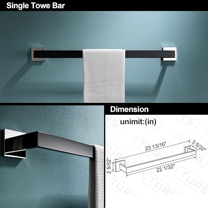 TURS 5-Piece Bathroom Hardware Set Matte Black and Polished Chrome Towel Bar Holder Set Hand Towel Holder Toilet Paper Holder and 2 Towel Hooks,Stainless Steel Wall Mounted