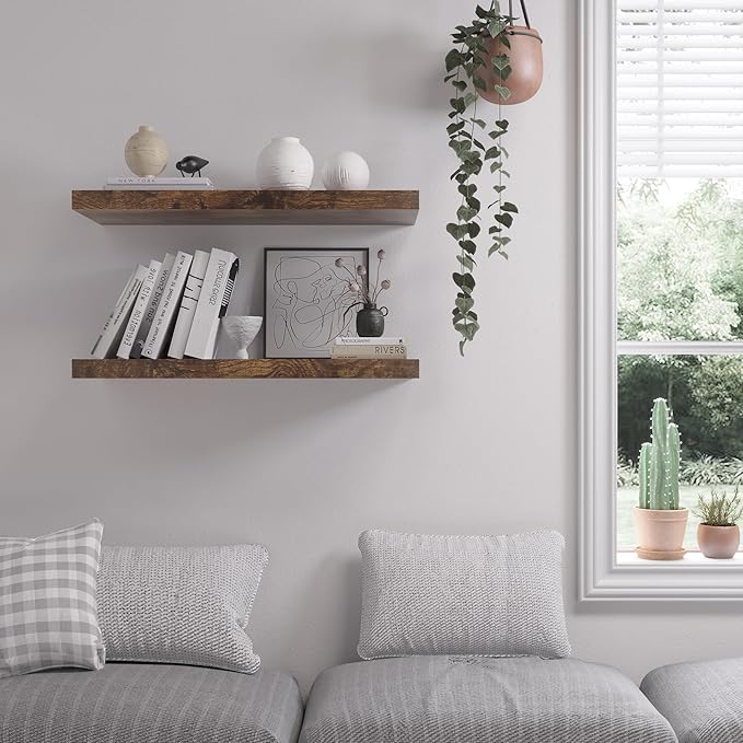 Floating Shelf, Set of 3 Wall Shelf, 36 in W x 12.75 in D x 2 in H Wooden Floating Wall Shelf with Invisible Brackets for Living Room/Bedroom/Bathroom/Kitchen Storage and Decor, Rustic Brown