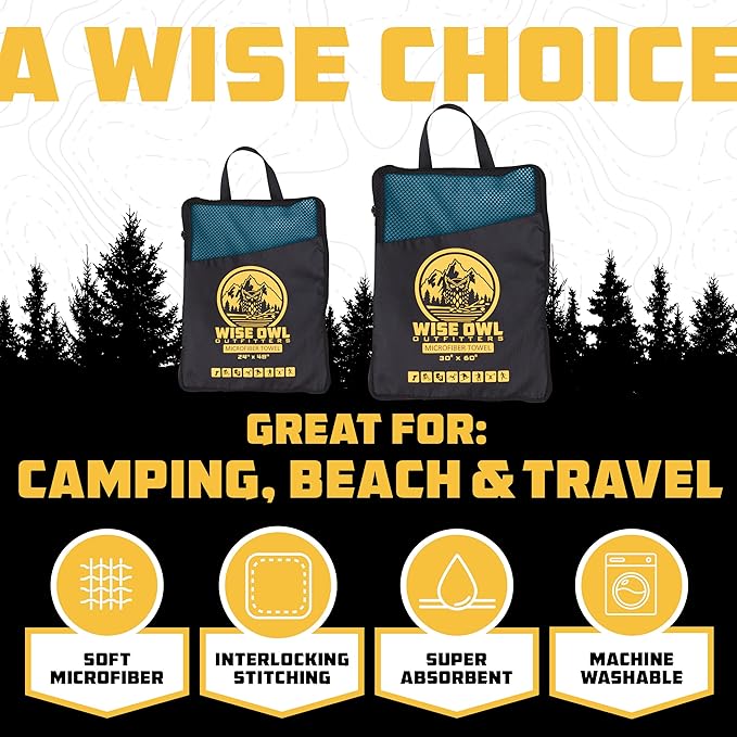 Wise Owl Outfitters Microfiber Camping Towel - Quick Dry Towel for Travel, Backpacking, Hiking, Beach, Gym & Yoga - Compact, Fast Drying & Lightweight