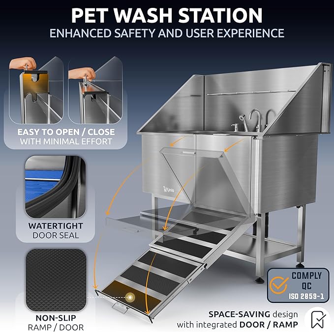 KANIS Professional Dog Washing Station - 304 Stainless Steel Pet Wash Sink & Grooming Bathtub w/Shower, Floor Grates and Storage for Large, Medium & Small Pets (50", Shelf - Right Ramp)