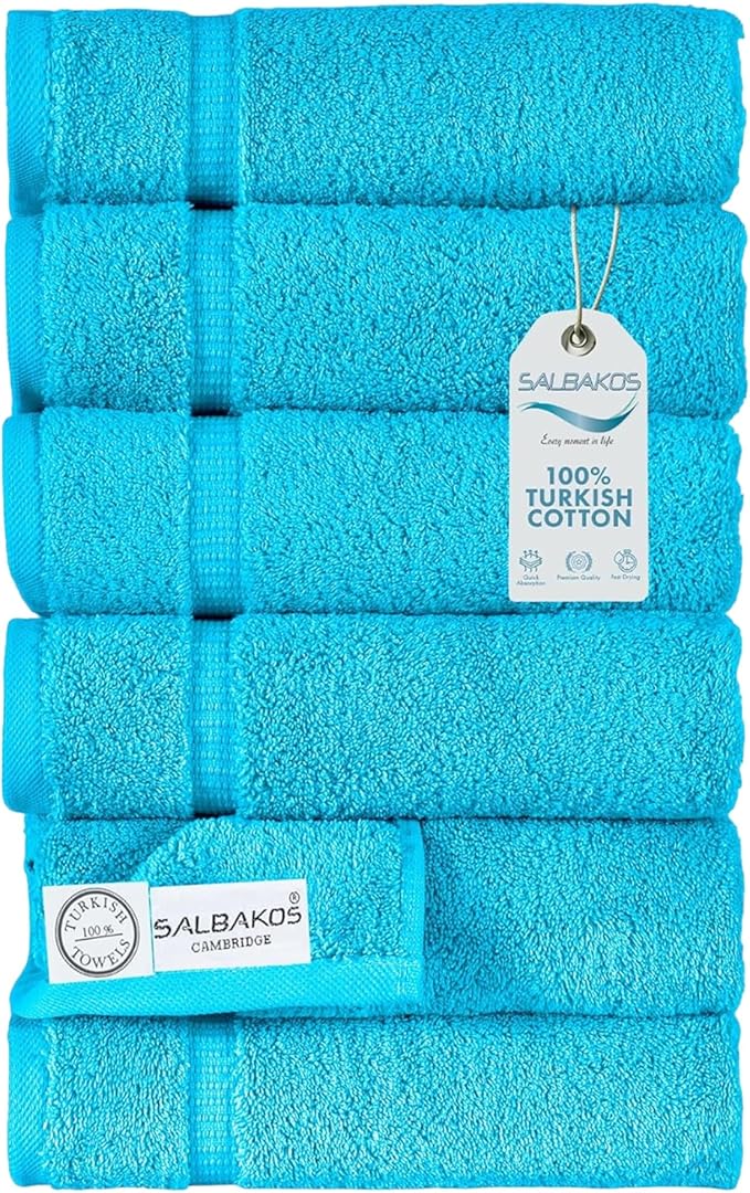 SALBAKOS 100% Turkish Cotton Hand Towel Set of 6 16x30 inch | Heirloom Quality | Hotel & Spa Collection | Ultra Soft, Super Absorbent, Long Lasting Hand Towels | Made in Turkey (Aqua, 6 Hand Towels)