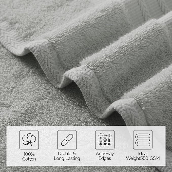 REDKISS Grey Towel Set of 8-100% Cotton Luxury Bath Towels Set for Bathroom, 600 GSM Highly Absorbent Bathroom Towel with 2 Large Bath Sheet, 2 Hand, 4 Washcloths, Grey Shower Towels for Dorm