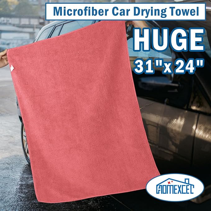 HOMEXCEL Professional Large Microfiber Car Drying Towels 2 Pack, Lint Free, Scratch Free, Highly Absorbent Drying Towel for Cars, SUVs, RVs, Trucks, and Boats,31" x 24",Red