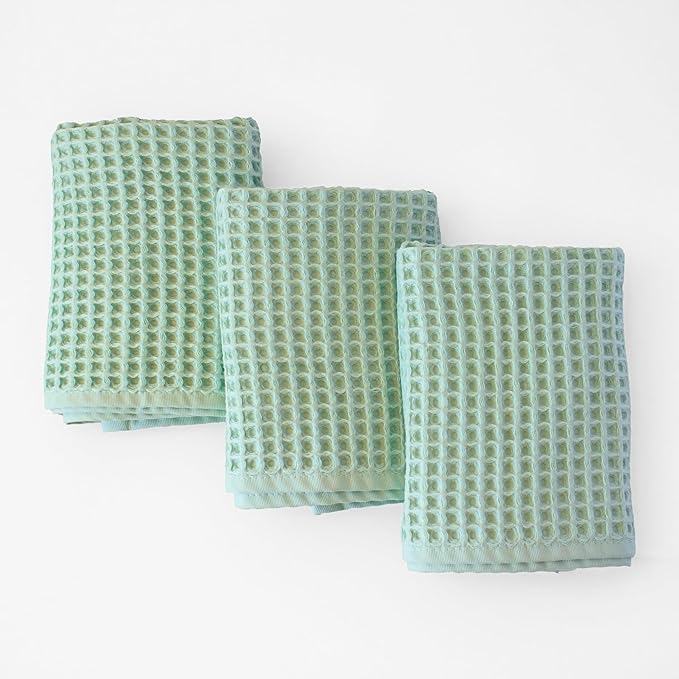 PÜSKÜL Organic Waffle Kitchen Towel 100% Turkish Cotton Set of 3 Ice Green - Premium Quality, Soft, Quick-Dry, Absorbent, Lint-Free Hand Towels 32X16 Inches (3, Ice Green)