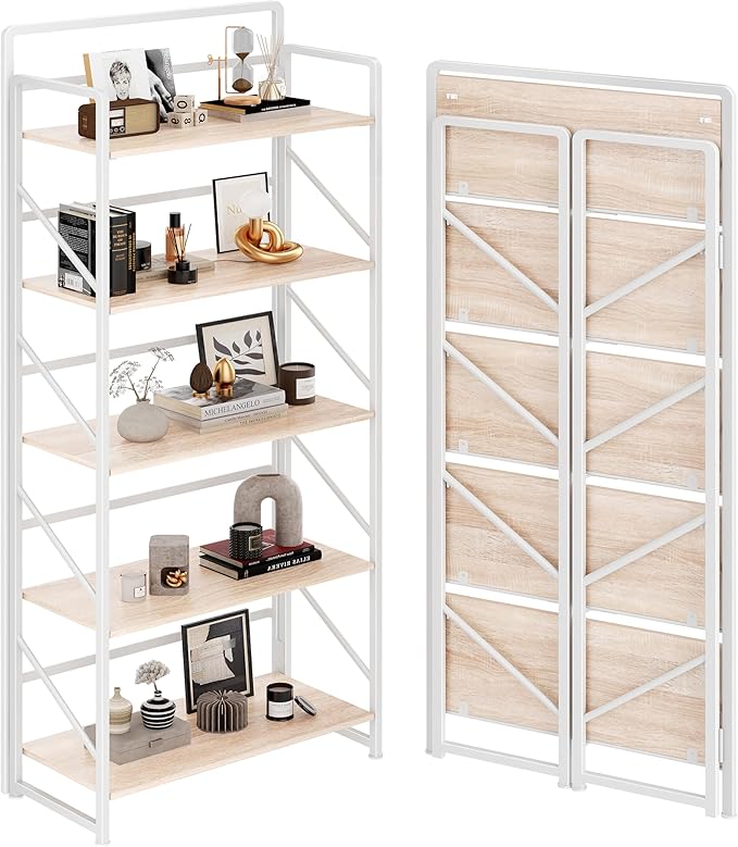 JSB Folding Bookshelf,Industrial Storage Shelves, No Assembly Vintage Wood Look Bookshelf with Storage Shelves for Living Room, Bedroom, Office (White, 5-Tier)