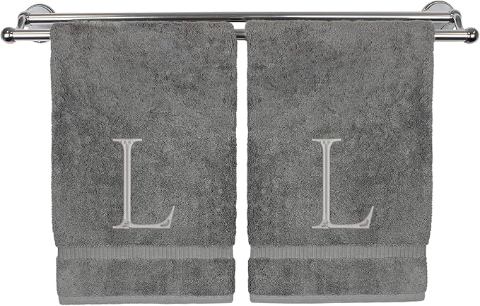 Monogrammed Hand Towel, Personalized Initial Gift, Extra Absorbent 100% Turkish Cotton - Soft Terry Finish - Set of 2 - Silver Block Initial L - Embroidered on Grey Towels