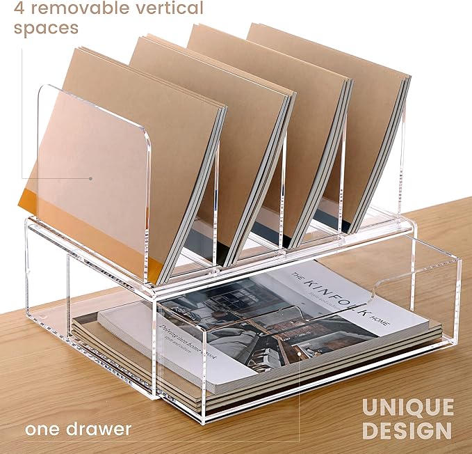 Desk Organizers and Accessories, Acrylic Desk Organizer with Drawer, Office Supplies Organization Storage, Clear Acrylic File Organizer for Desk - 1 Pack