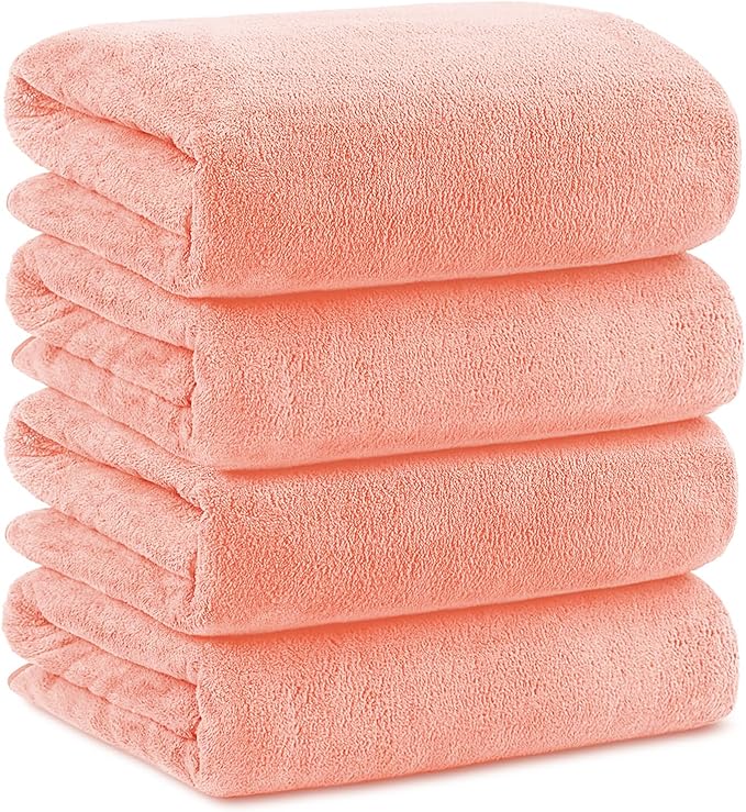 Orighty Microfiber Bath Towels Pack of 4(27'' x 54'') - Soft Feel, Highly Absorbent, Quick Drying for Body, Sport, Yoga, SPA, Fitness - Pink