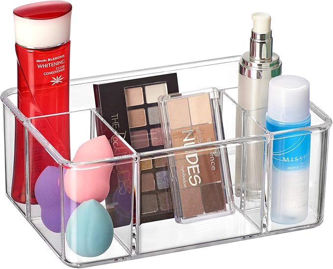 Amazing Abby - Glamour - Acrylic 5-Compartment Makeup Organizer, Transparent Plastic Beauty Supply Holder, Perfect Bathroom Vanity Storage Solution for Makeup Palettes, Makeup Brushes, and More