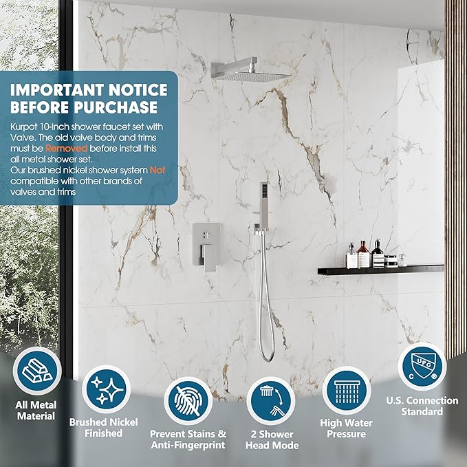 Shower System, 10'' High Pressure Brushed Nickel Shower Head with Handheld Spray Combo, Included 59'' Shower Hose, Shower Trim Kit and 2-IN-1 Diverter, Bathroom Shower Faucet Set with Valve