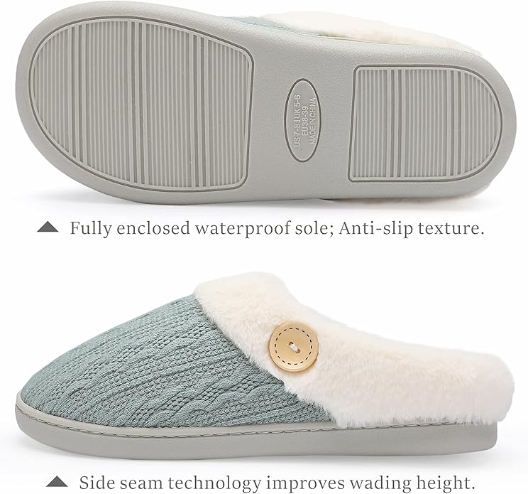 Chantomoo Womens Slipper Warm Comfy Memory Foam House Slippers Knitted Shoes Faux Fur Lined Anti-Skid Rubber Sole Bedroom Cozy Indoor Outdoor Slippers