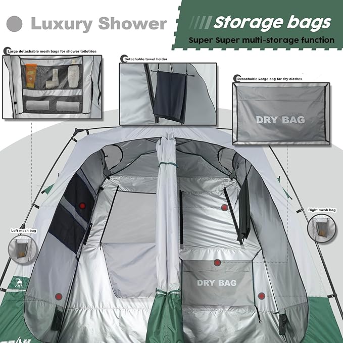 Camping Shower Tent Deluxe Changing Room Easy Set Up Privacy Shelter,Large Toilet Tent with Floor Drain Design for Beach, Camping,Hiking with Stakes and Ropes for Stability