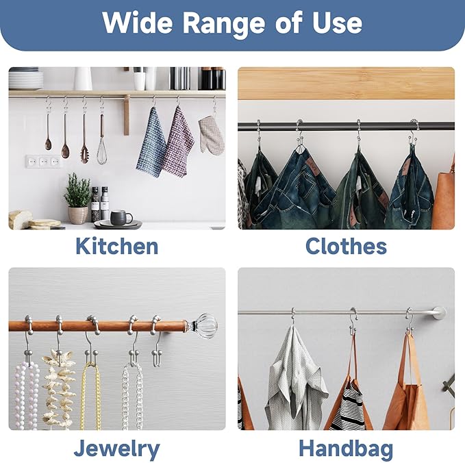 Titanker Shower Curtain Hooks Rings, Rust-Resistant Metal Double Glide Shower Hooks for Bathroom Shower Rods Curtains, Set of 12 Hooks - Space Silver