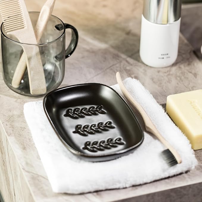Soap Dish Soap Holder Shower, Ceramic Soap Dishes for Bar Soap Sponge, Shower Saver Tray for Bathroom Kitchen Sink, Raised Leaf Design, Black