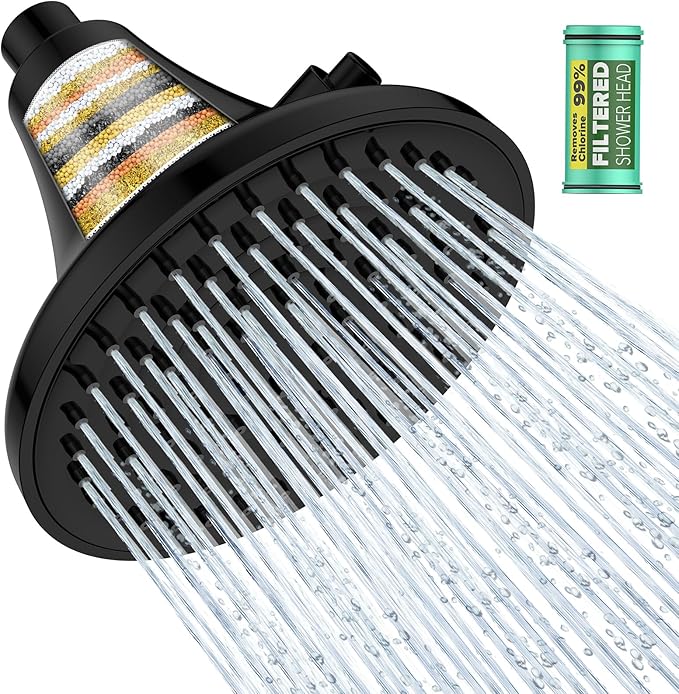 High Pressure Filtered Shower Head, One-Button Filter Replacement, Removes Chlorine & Impurities, Say Goodbye to Dry Skin & Frizzy Hair, 1-Minute Installation, Matte Black