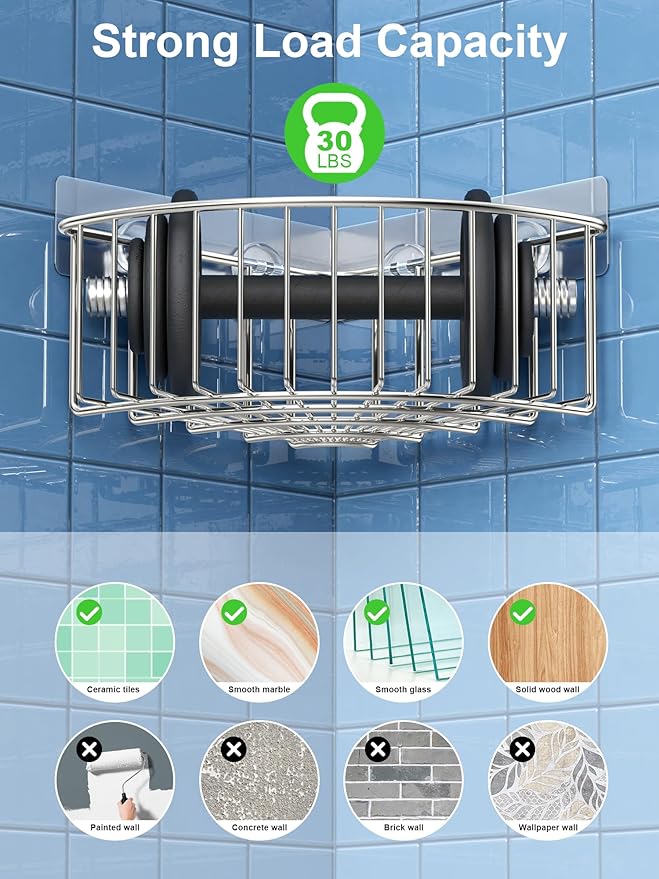SMARTAKE 2-Pack Corner Shower Caddy Deep Basket Design, SUS304 Stainless Steel, Wall Mounted Bathroom Shelf with Adhesive, Storage Organizer for Toilet, Dorm and Kitchen (Silver)
