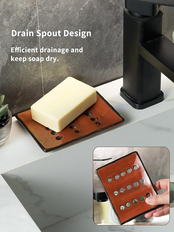 Soap Holder with Self Drain, Ceramic Soap Dishes for Bar, Shower, Japanese Soap Tray for Kitchen and Bathroom, Keep Sink Dry and Tidy, Red