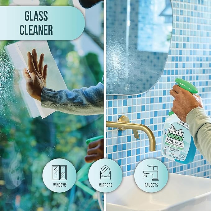 Mean Green Refillable Ultra Powered Glass Cleaner Concentrate, Fresh Scent, 14.3 fl oz (2-Pack) – Plant & Mineral Based, Streak-Free Shine, Refillable Bottle Makes 4X Refills