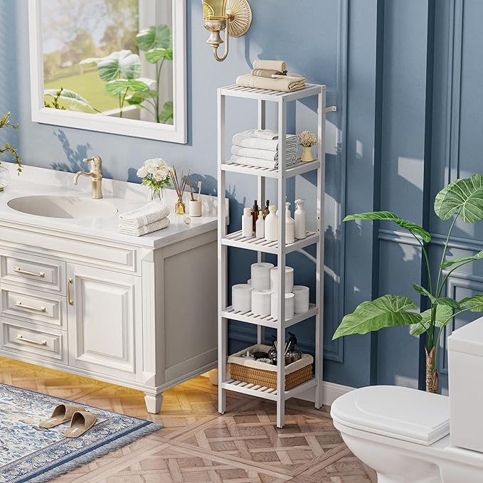 SMIBUY Bathroom Storage Shelf, 5-Tier Bamboo Rack Organizer, Multifunctional Shelving Unit for Living Room Bedroom Kitchen (White)
